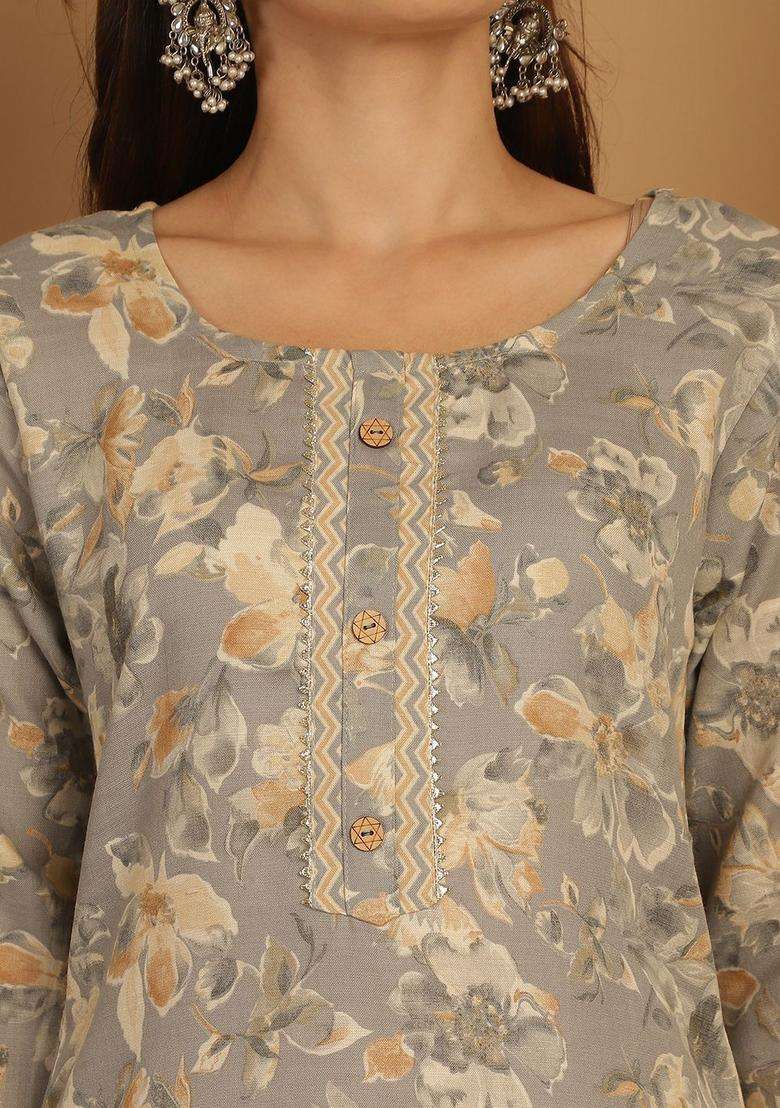 Grey Printed Cotton Kurta Set - Indya