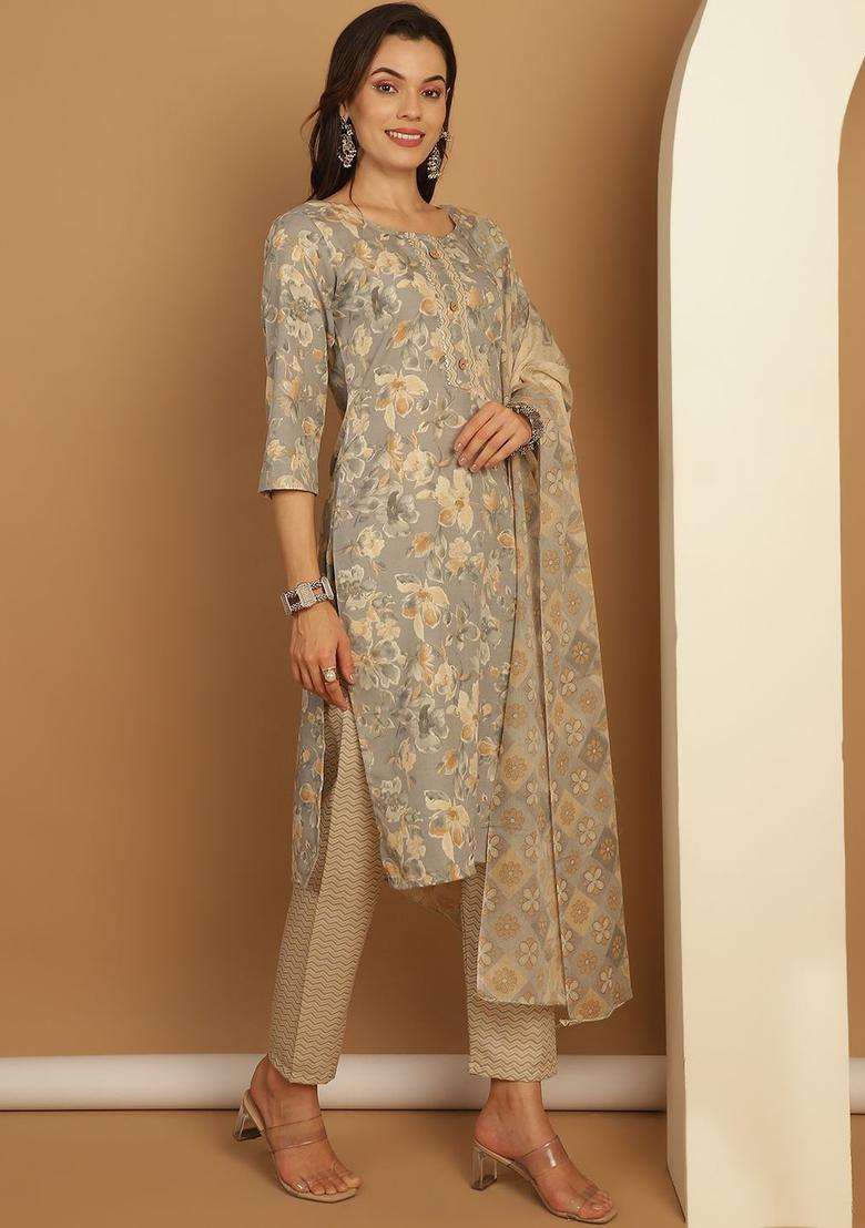 Grey Printed Cotton Kurta Set - Indya