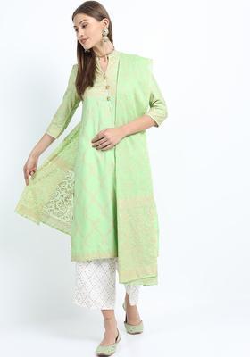 Green Printed Polyester Kurta Set