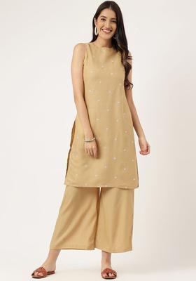 Beige Embroidered Viscose Kurta Set