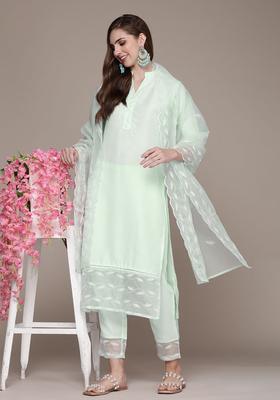 Sea Green Embroidered Silk Blend Kurta Set