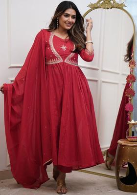 Red Embroidered Cotton Anarkali Set