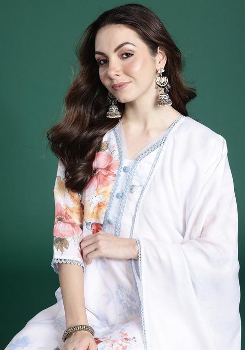 White Printed Linen Kurta Set — view on Indya