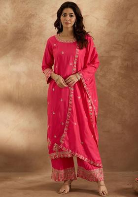 Magenta Embroidered Silk Kurta Set