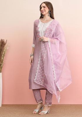 Lavender Embroidered Cotton Kurta Set