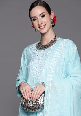 Turquoise Blue Embroidered Silk Blend Kurta Set