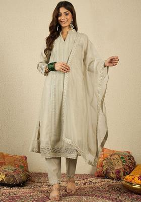 Beige Embroidered Silk Kurta Set