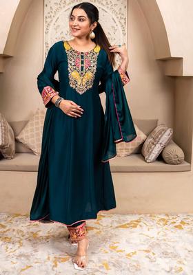 Teal Embroidered Viscose Kurta Set