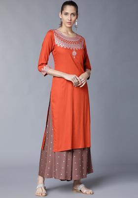Rust Printed Viscose Kurta Set