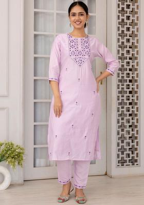 Lavender Embroidered Viscose Kurta Set