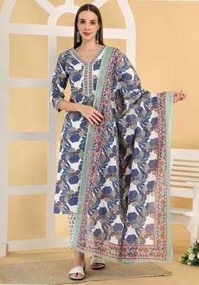 Teal Printed Cotton Kurta Set