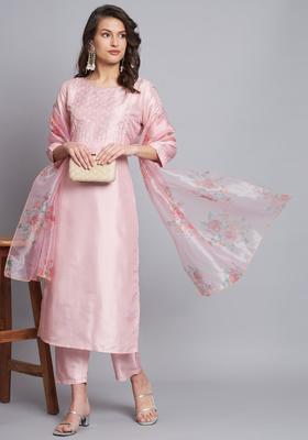Pink Printed Silk Blend Kurta Set