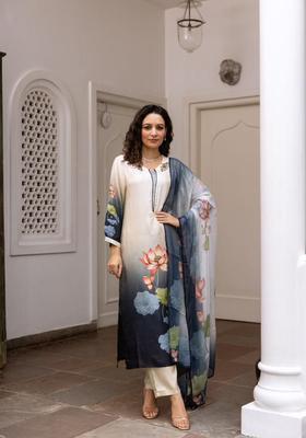 Blue Self Design Silk Blend Kurta Set