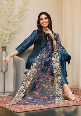 Blue Solid Silk Kurta Set
