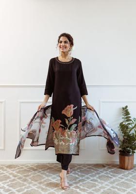 Black Self Design Silk Blend Kurta Set