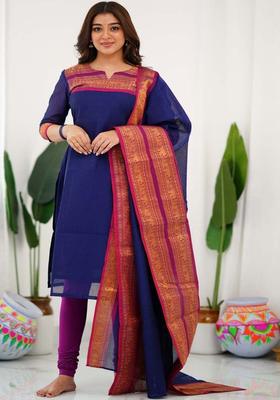 Blue Woven Design Cotton Kurta Set