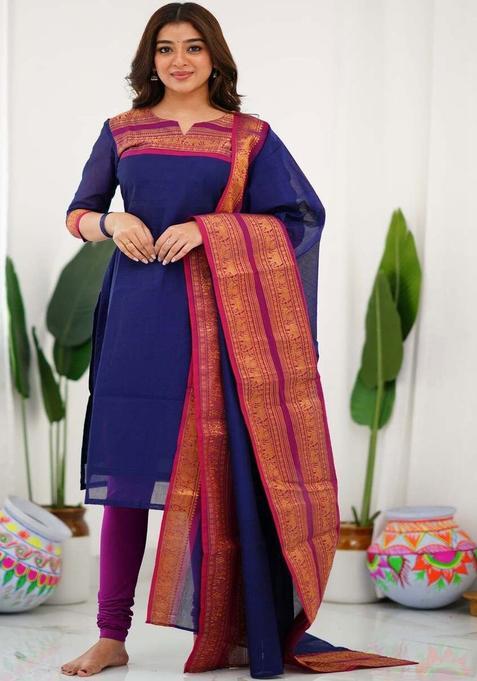 Blue Woven Design Cotton Kurta Set — view on Indya