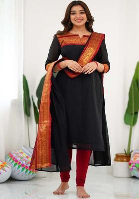 Black Woven Design Cotton Kurta Set