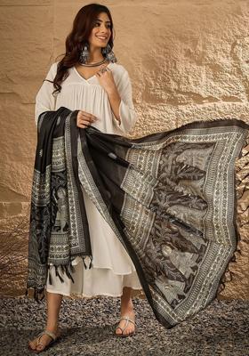White Printed Viscose Kurta Set