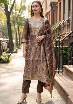 Brown Woven Design Silk Blend Kurta Set