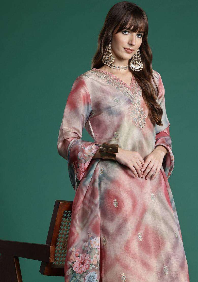 Coral Embroidered Silk Blend Kurta Set - Indya