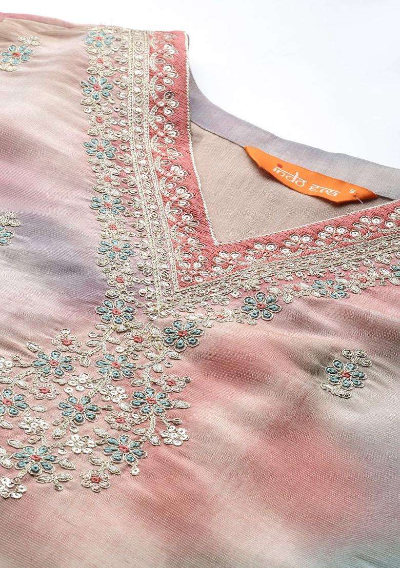 Coral Embroidered Silk Blend Kurta Set - Indya