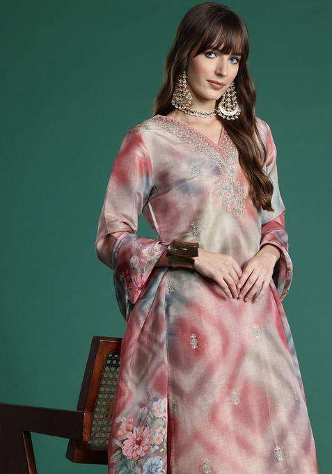 Coral Embroidered Silk Blend Kurta Set