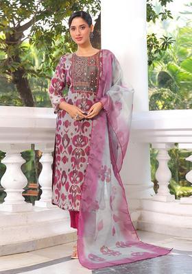 Magenta Embroidered Tissue Kurta Set