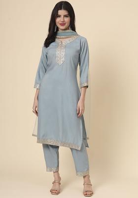 Grey Embroidered Silk Kurta Set