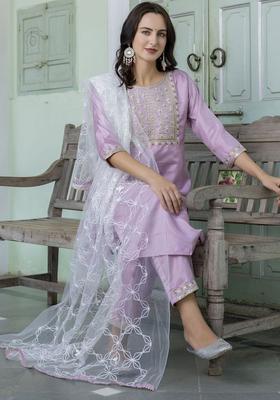 Lavender Yoke Design Silk Blend Kurta Set