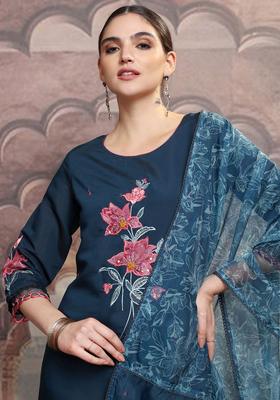 Navy Blue Embroidered Cotton Kurta Set