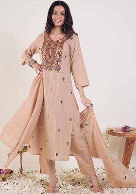 Beige Embroidered Silk Kurta Set