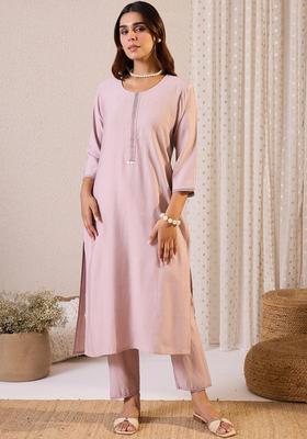Lavender Solid Cotton Kurta Set