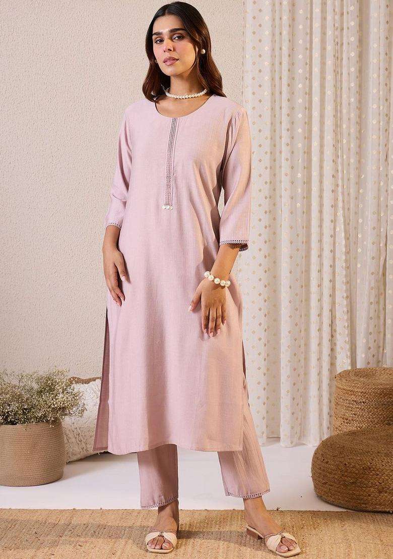 Lavender Solid Cotton Kurta Set - Indya