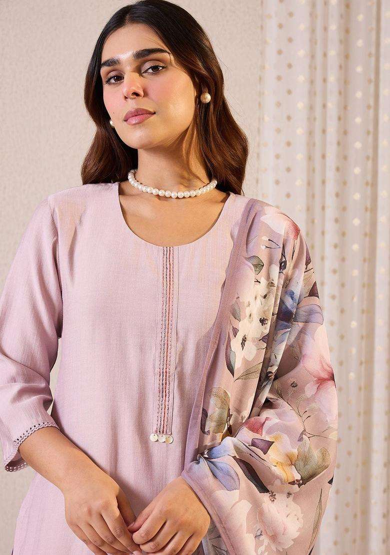 Lavender Solid Cotton Kurta Set - Indya