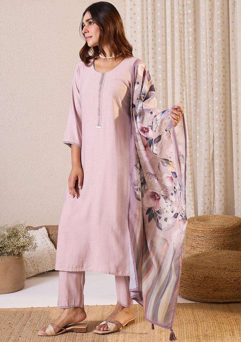 Lavender Solid Cotton Kurta Set - Indya