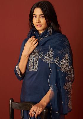 Navy Blue Embroidered Chinon Kurta Set