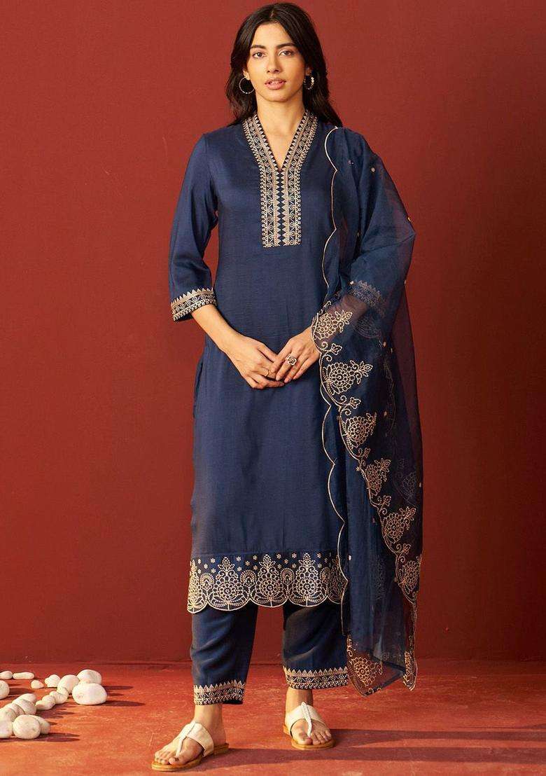 Navy Blue Embroidered Chinon Kurta Set - Indya