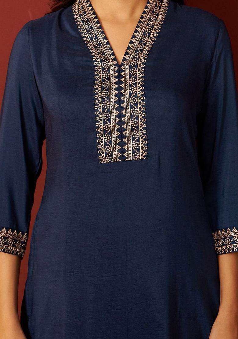 Navy Blue Embroidered Chinon Kurta Set - Indya