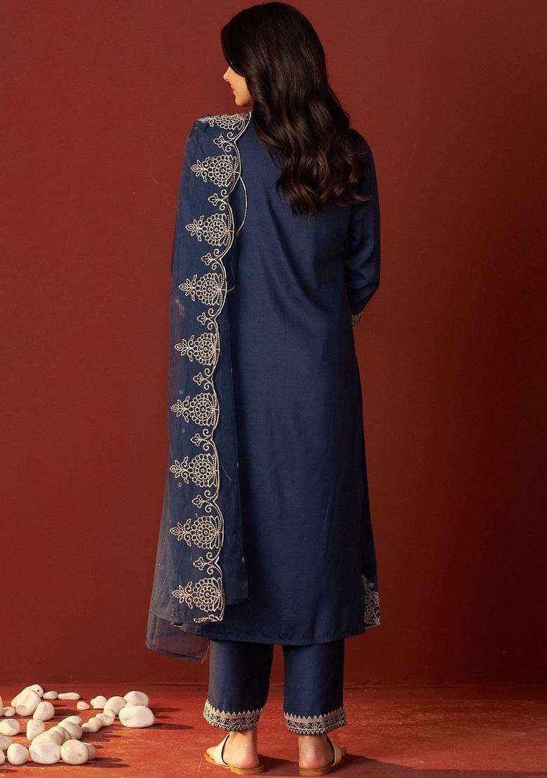 Navy Blue Embroidered Chinon Kurta Set - Indya