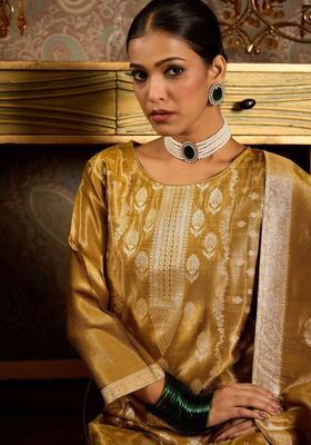 Mustard Woven Design Silk Blend Kurta Set