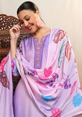 Purple Printed Viscose Kurta Set