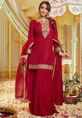 Red Embroidered Georgette Sharara Set