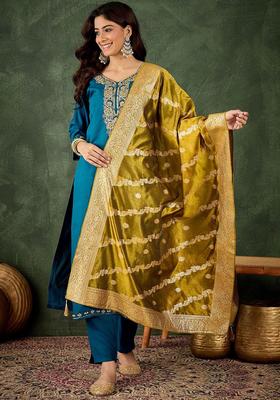 Teal Embroidered Viscose Kurta Set