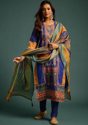 Blue Printed Polyester Kurta Set