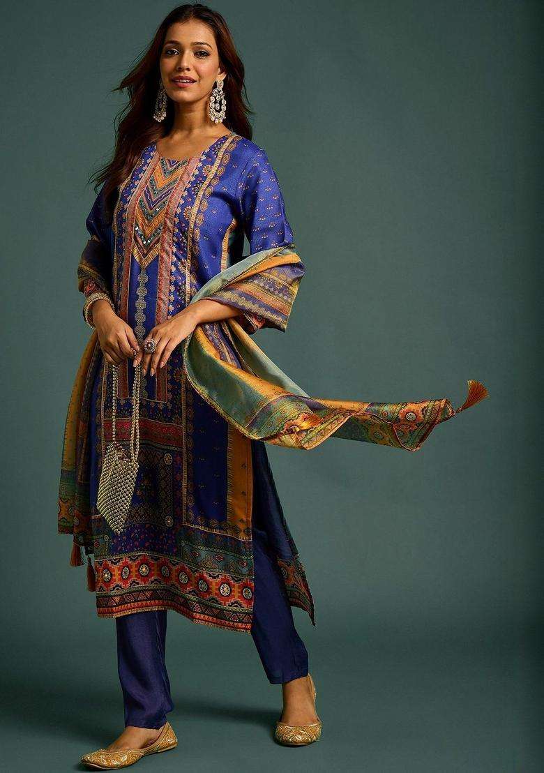 Blue Printed Polyester Kurta Set - Indya