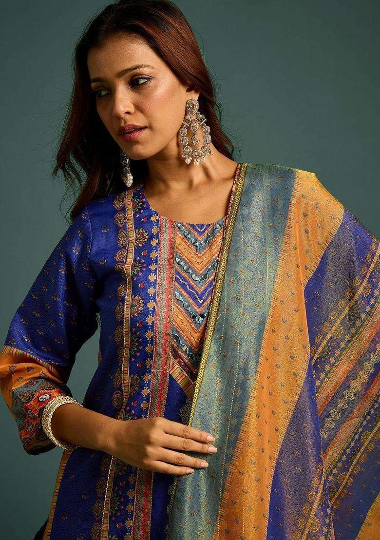 Blue Printed Polyester Kurta Set - Indya