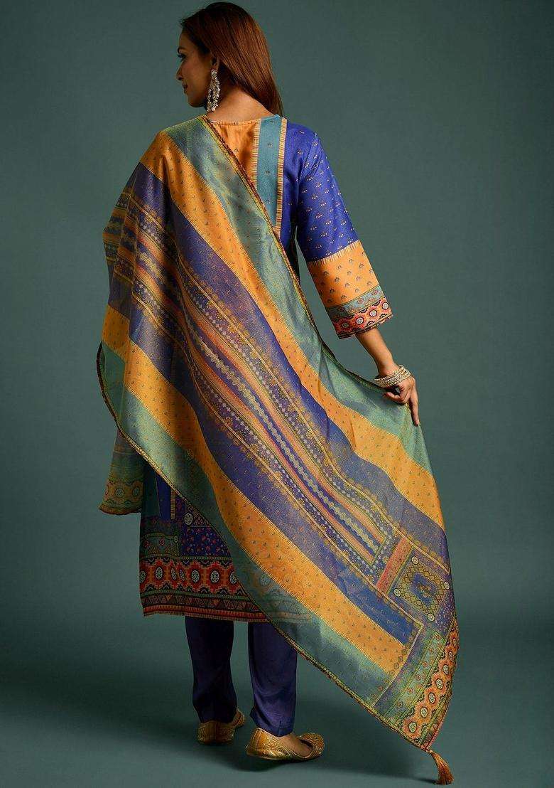 Blue Printed Polyester Kurta Set - Indya