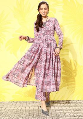 Pink Printed Silk Blend Kurta Set