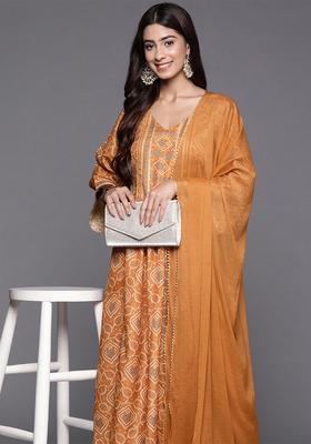 Rust Printed Cotton Kurta Set